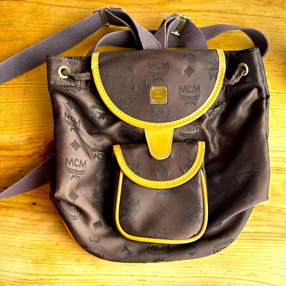 MCM Brown Backpack with Yellow Trim Drawstring